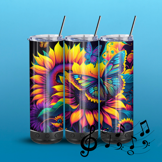 Neon Sunflower 20-Ounce Skinny Stainless Steel Bluetooth Tumbler